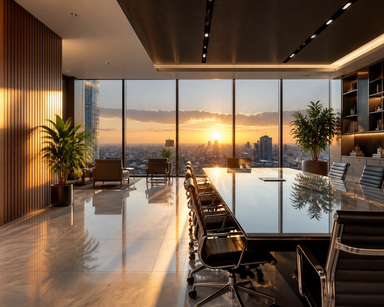 Pristine modern corporate office at sunset with city skyline views